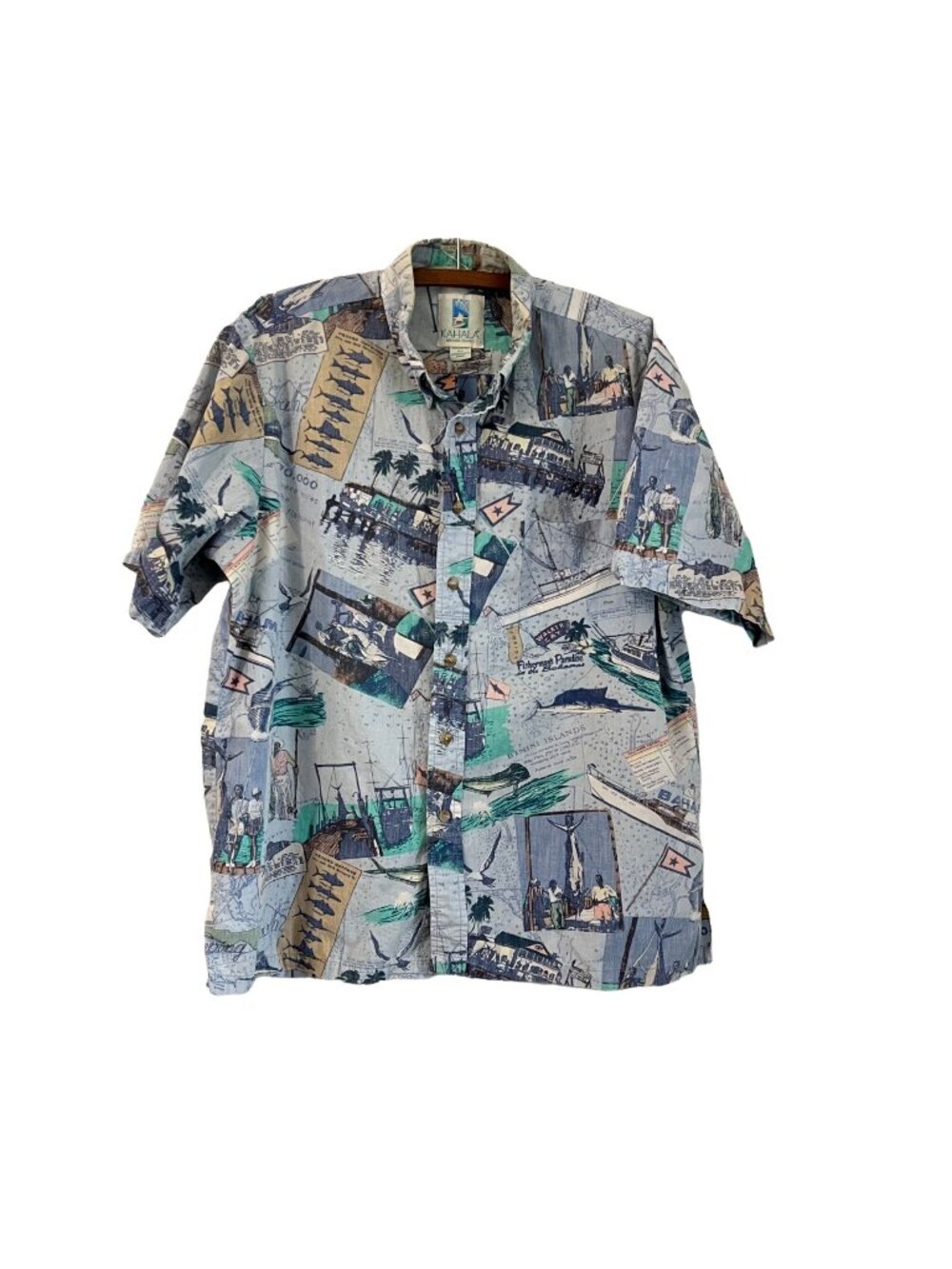 Kahala Mens Blue Hawaiian Bahamas Short Sleeve Fishing Button Shirt Size XLarge